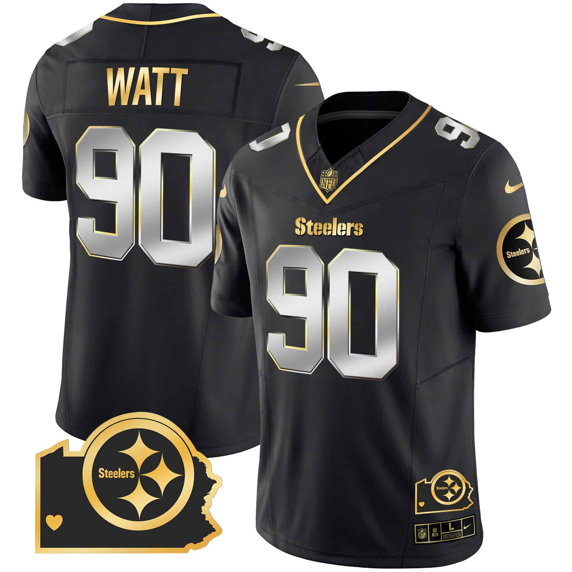 Hunk Wear - Men's Steelers Home Patch Gold Vapor Jersey ' All Stitched ' Black Limited ' T. J. Watt