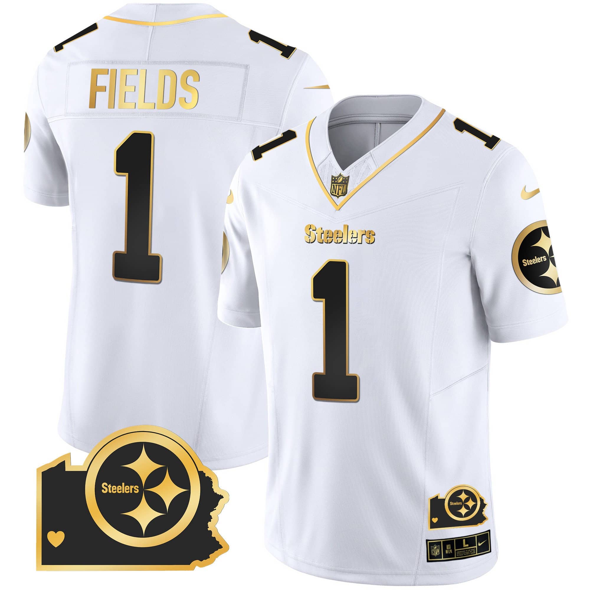 Hunk Wear - Men's Steelers Home Patch Gold Vapor Jersey ' All Stitched ' White Gold ' Justin Fields