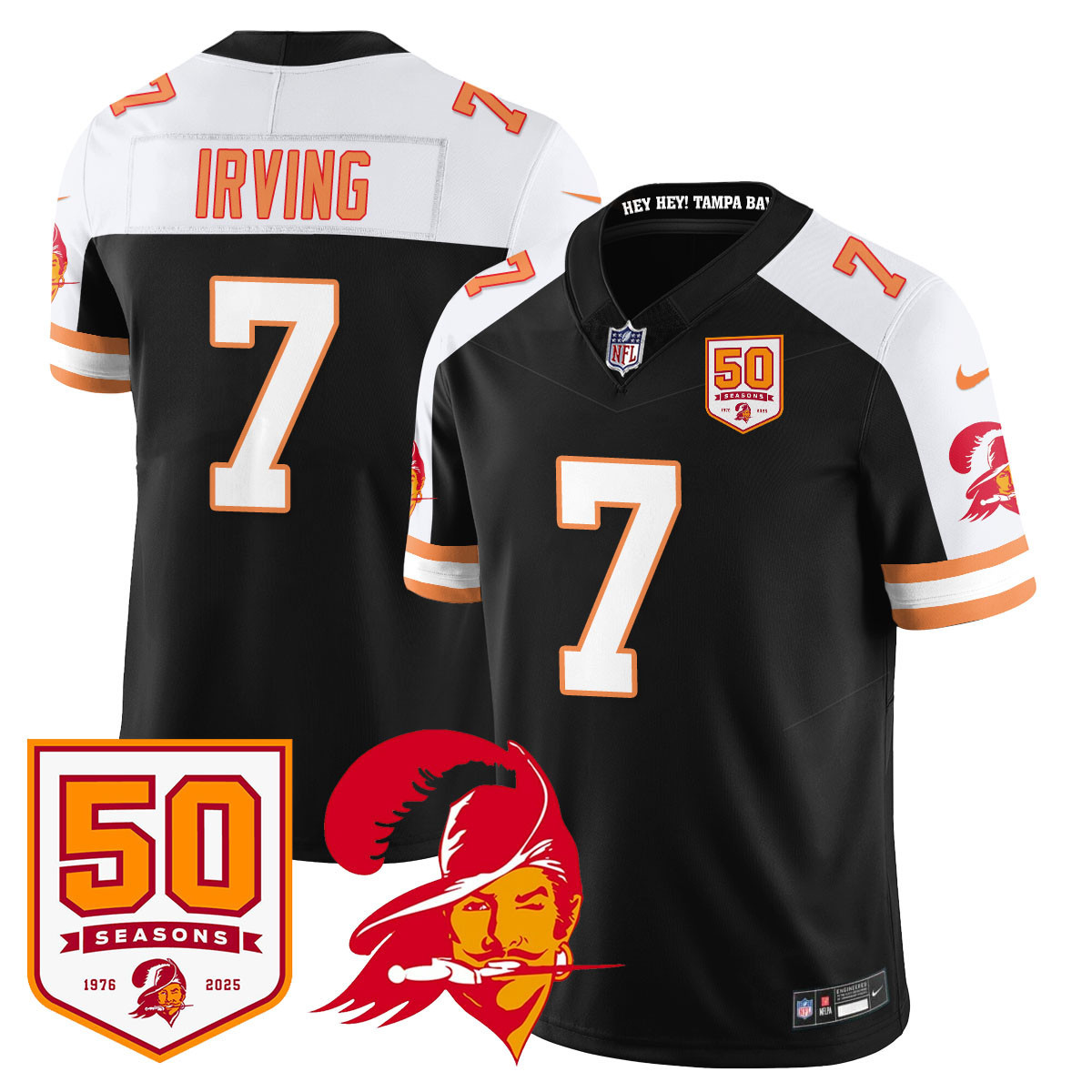 Hunk Wear - Menâ€™s Tampa Bay Buccaneers â€™76 Vapor Limited Jersey â€“ All Stitched Black Alternate Bucky Irving â€“ 7 Jersey