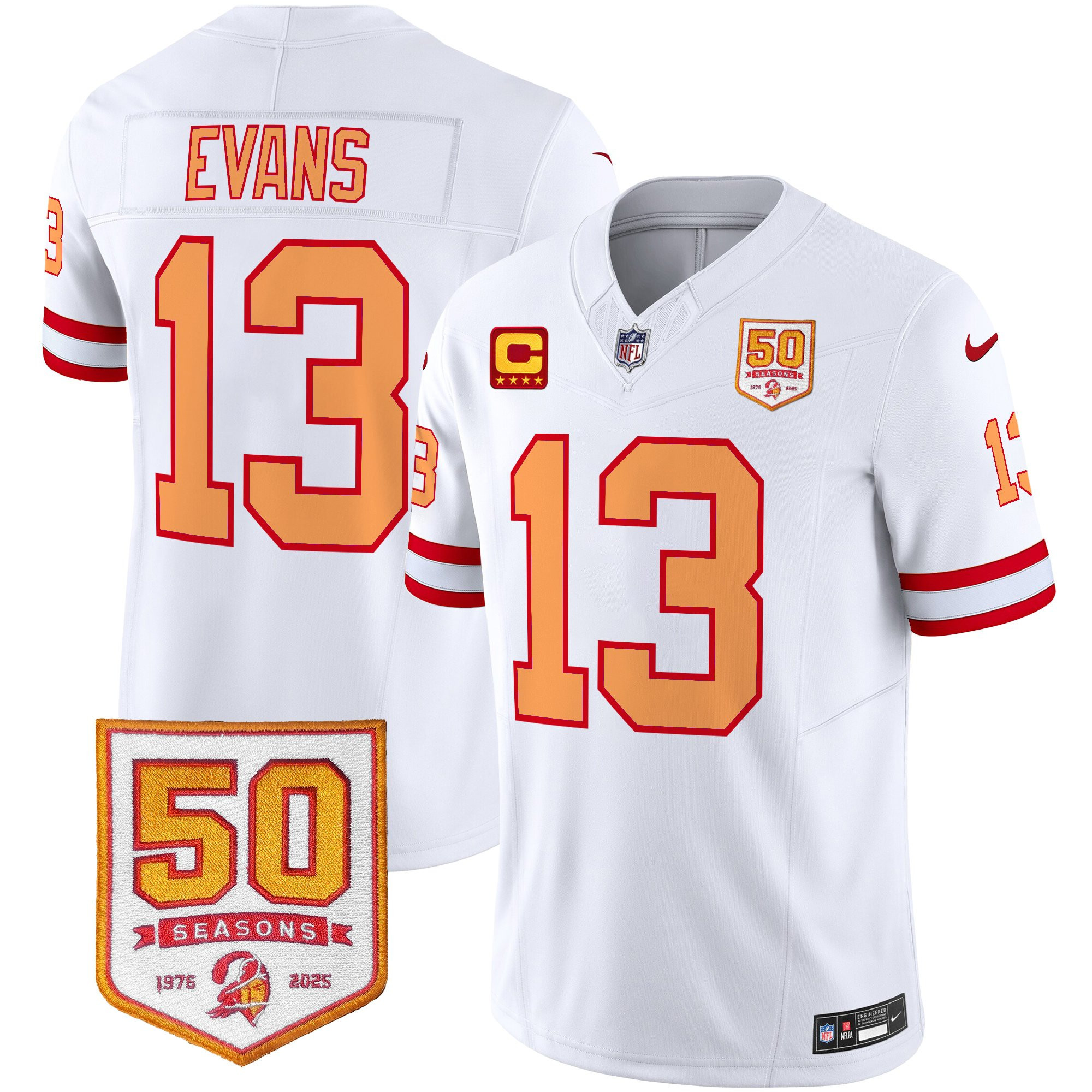 Hunk Wear - Men’s Tampa Bay Buccaneers Throwback 50th Season Patch Vapor Limited Jersey – All Stitched White Mike Evans Jersey