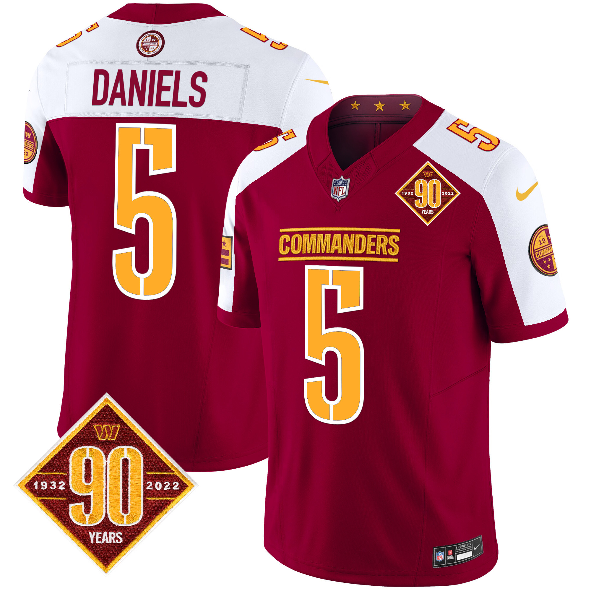 Hunk Wear - Men's Washington Commanders 90th Anniversary Patch Vapor Limited Jersey ' All Stitched ' Burgundy Alternate ' Jayden Daniels