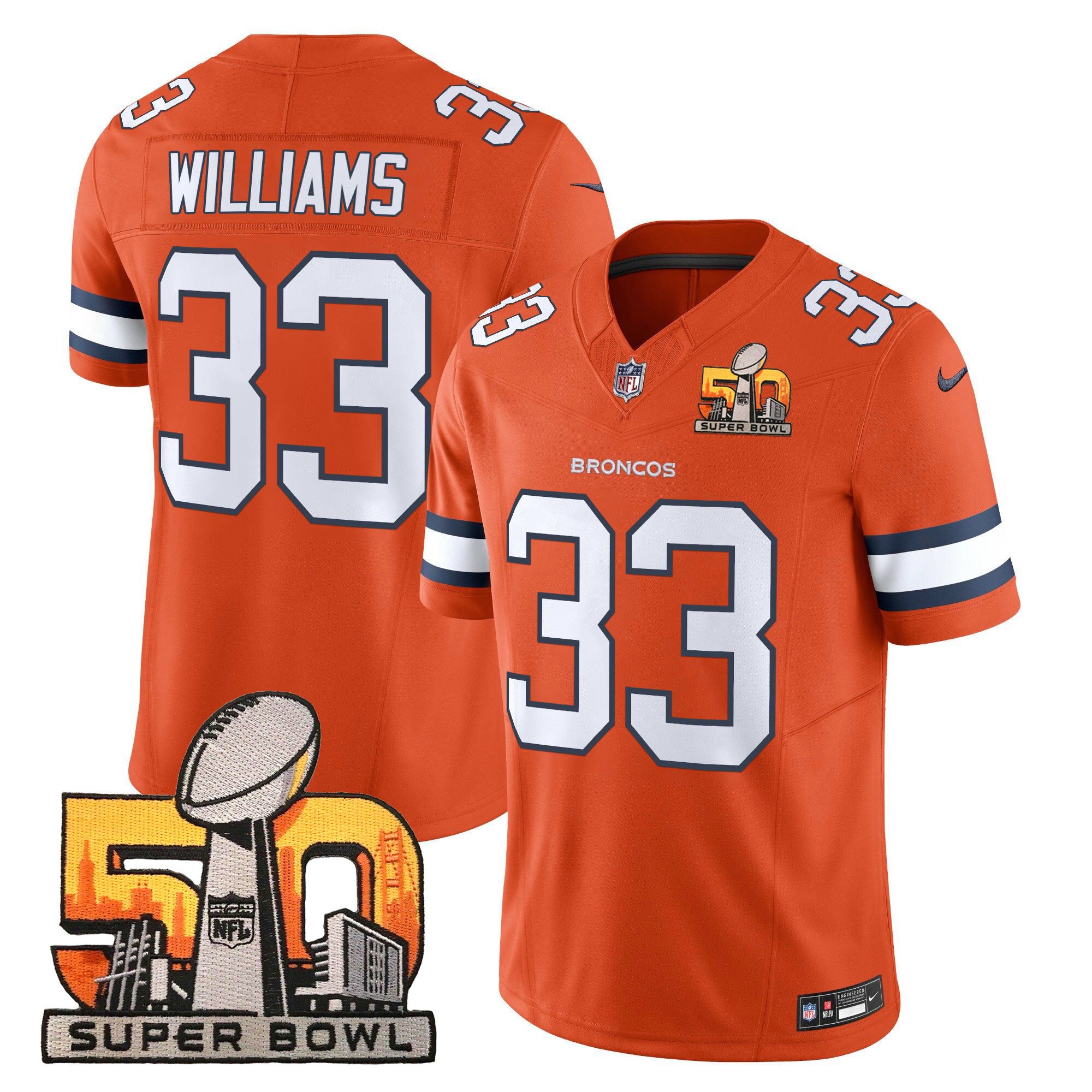 Hunk Wear - Mens Denver Broncos Super Bowl 50 Patch Vapor Limited Jersey Javonte Williams Jersey Orange