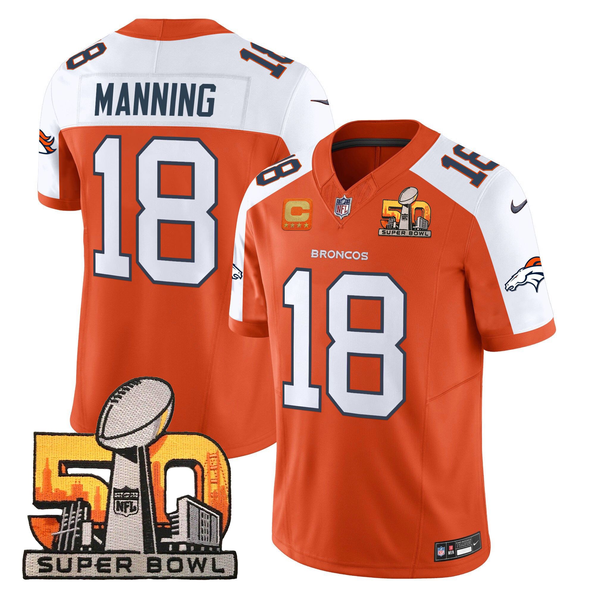 Hunk Wear - Mens Denver Broncos Super Bowl 50 Patch Vapor Limited Jersey Peyton Manning Jersey Orange Alternate