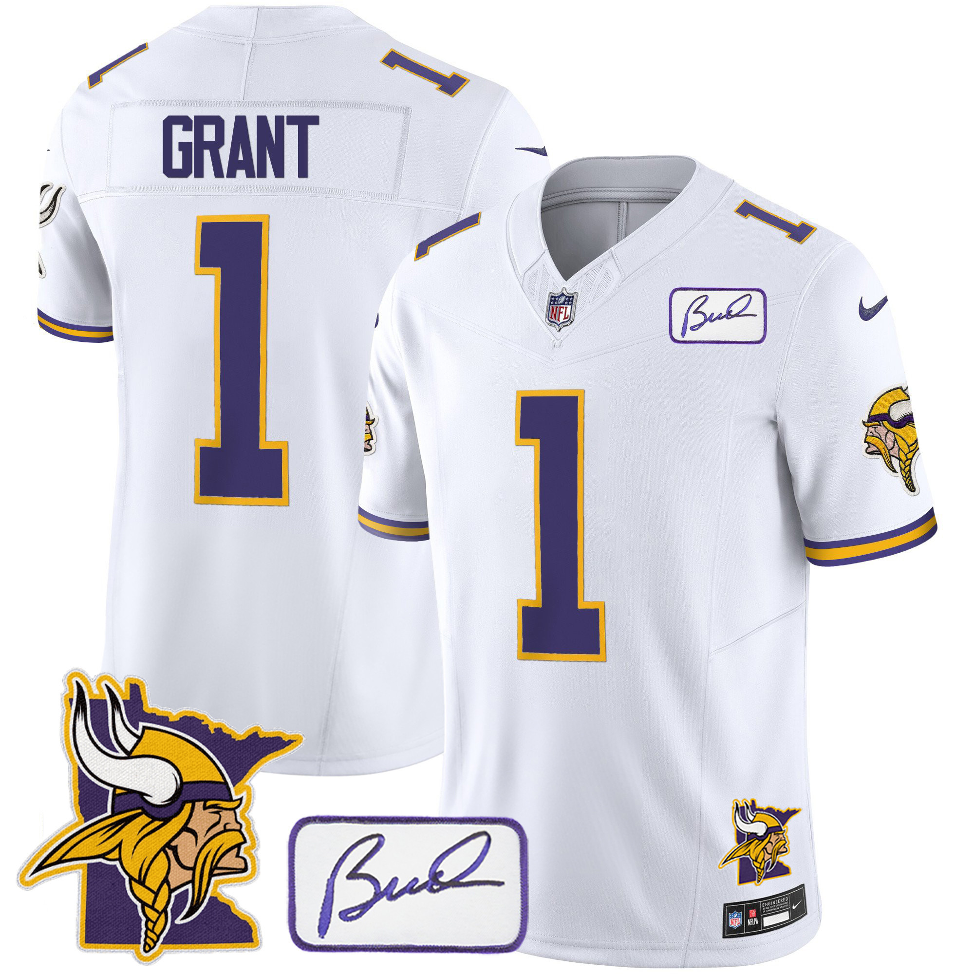 Hunk Wear - Men's Minnesota Vikings Bud Grant & Minnesota Patch Classic Limited White Jersey