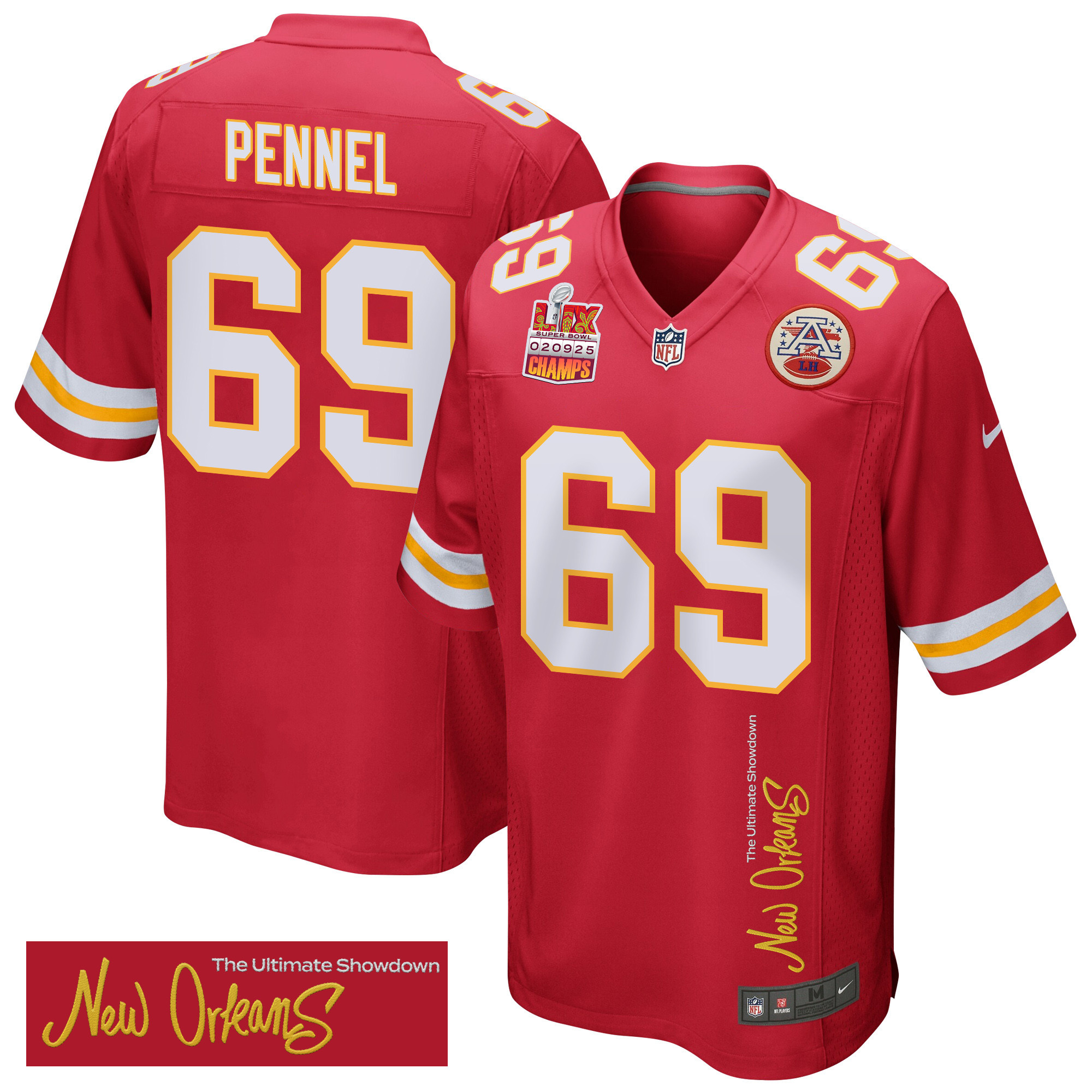 Hunk Wear - Mike Pennel 69 Kansas City Chiefs Super Bowl LIX Champions Patch 'New Orleans ' The Ultimate Showdown' EMBROIDERED Game Men Jersey ' Red