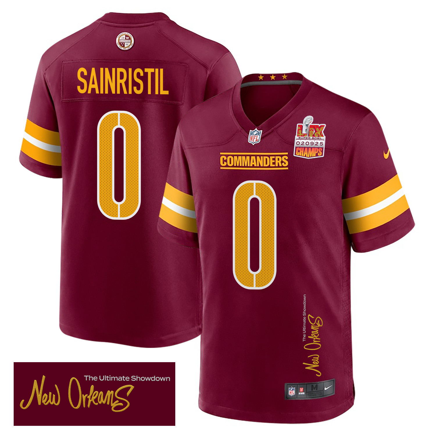 Hunk Wear - Mike Sainristil 0 Washington Commanders Super Bowl LIX Champions Patch 'New Orleans ' The Ultimate Showdown' EMBROIDERED Game Men Jersey ' Burgundy