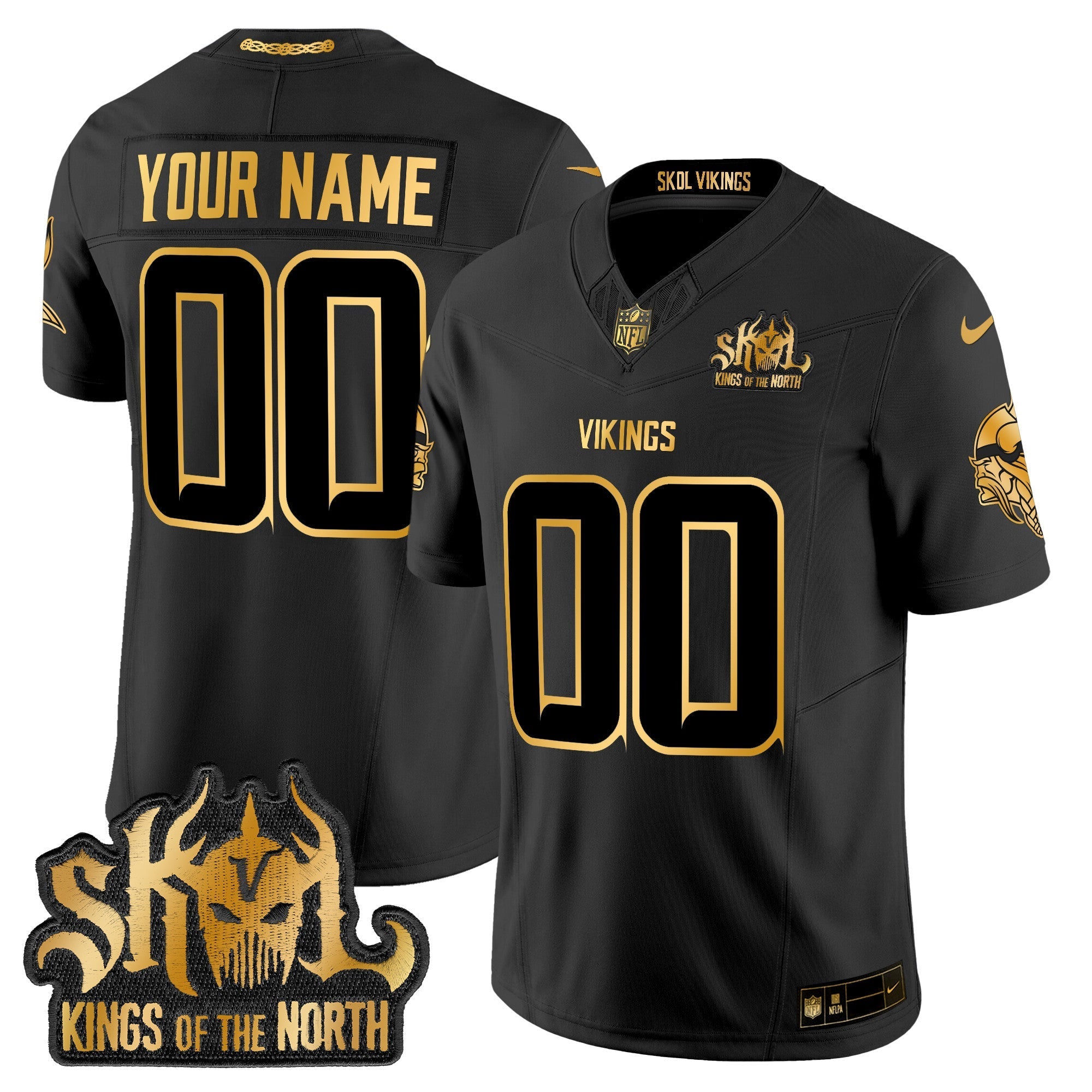 Hunk Wear - Minnesota Vikings 2024 Winter Warrior Skol Patch Gold Vapor Limited Custom Jersey ' All Stitched ' Black Gold Jersey
