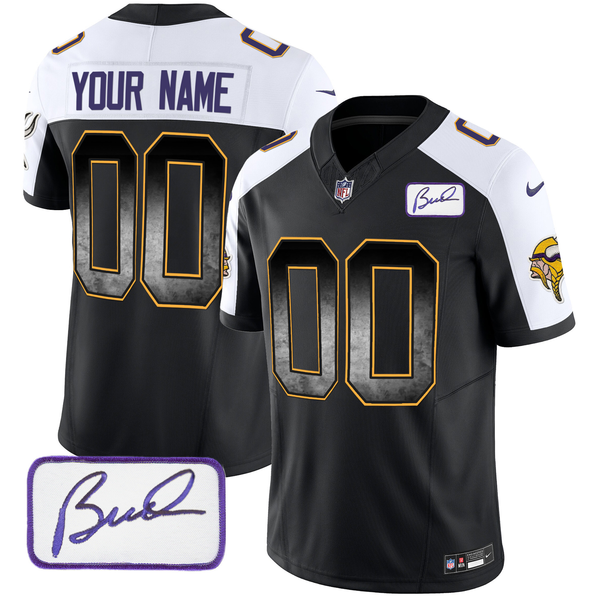 Hunk Wear - Minnesota Vikings Bud Grant Patch Arch Smoke Vapor Custom Black Alternate Jersey