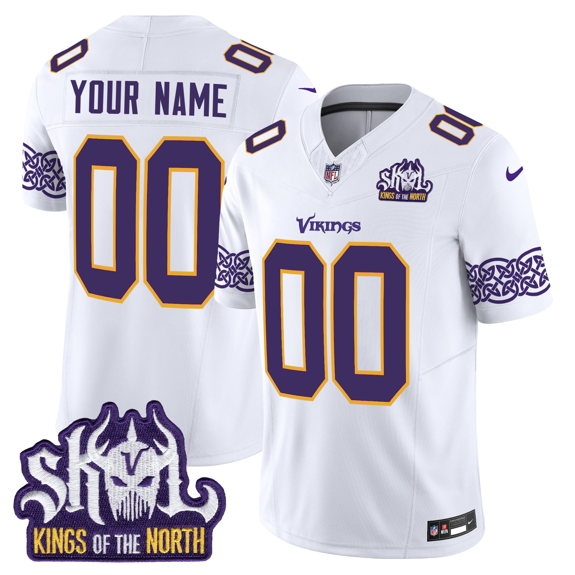 Hunk Wear - Minnesota Vikings King Of The North Patch Throwback Vapor Limited Custom Jersey V2 â€“ All Stitched â€“ White Jersey