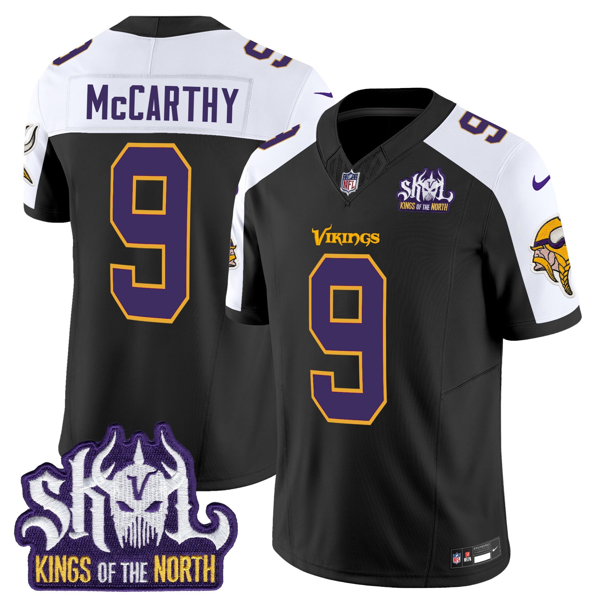 Hunk Wear - Minnesota Vikings King Of The North Patch Throwback Vapor Limited Jersey V2 ' All Stitched ' Black Alternate ' J.J. McCarthy Jersey