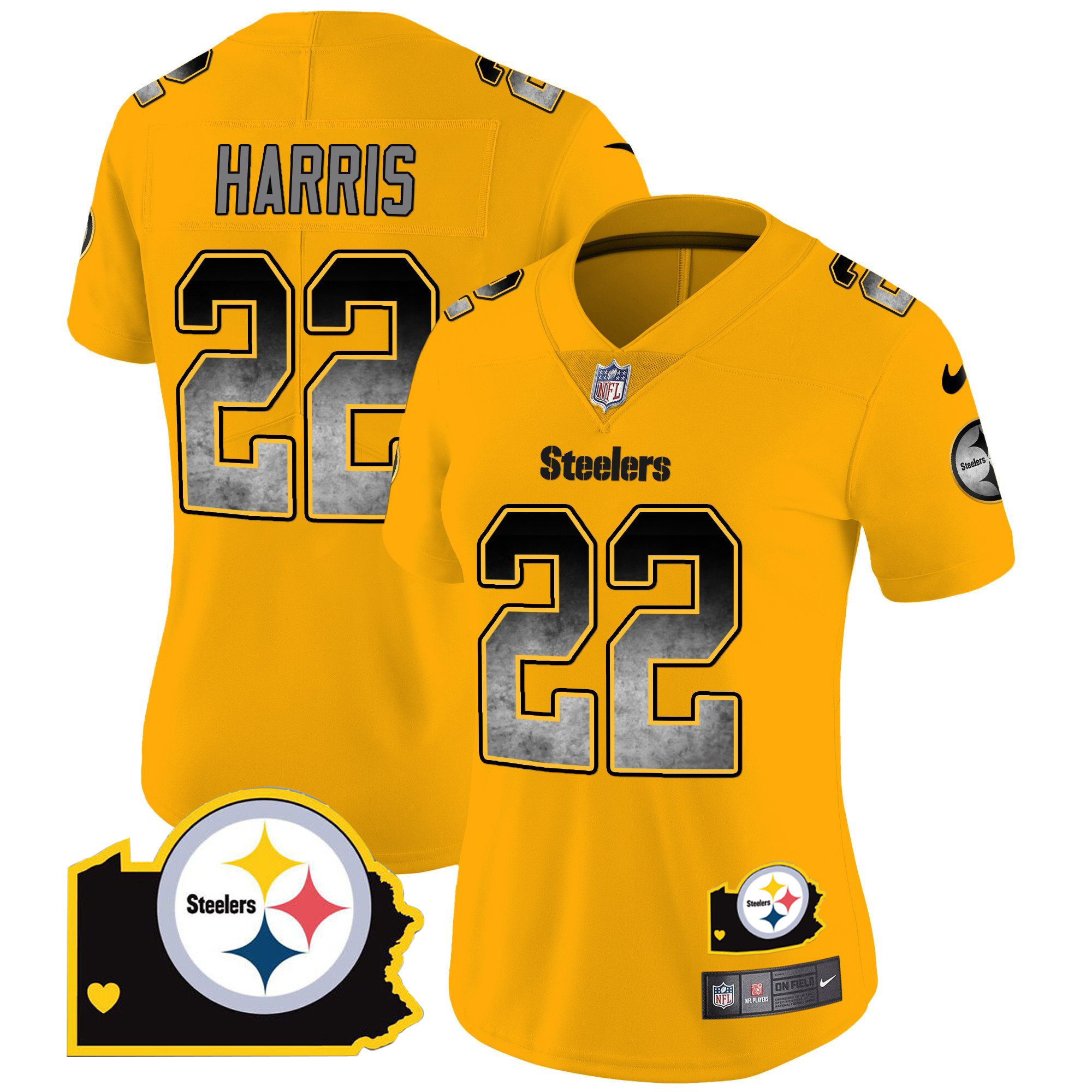 Hunk Wear - Najee Harris Women's Pittsburgh Steelers Arch Smoke Home Patch Vapor Gold Jersey