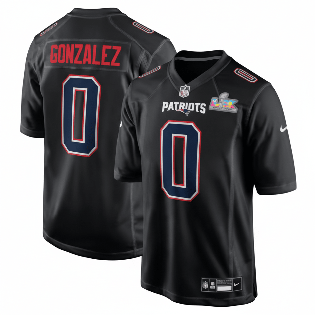 Hunk Wear - New England Patriots #0 Christian Gonzalez Blackout Super Bowl LIX Jersey â€“ NEW-N03