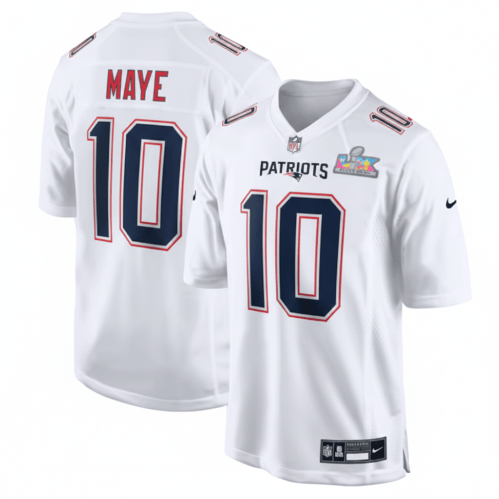 Hunk Wear - New England Patriots #10 Drake Maye White Super Bowl LIX Game Jersey â€“ NEW-N11