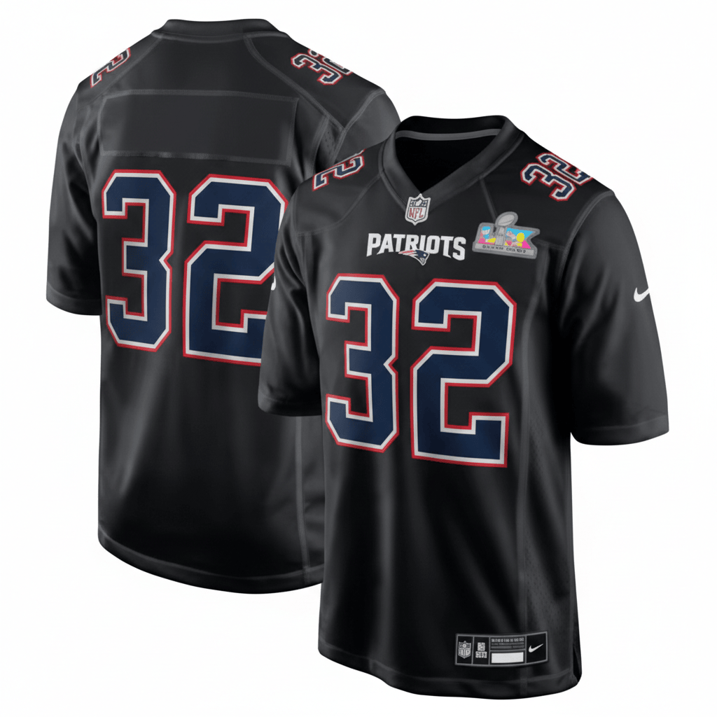 Hunk Wear - New England Patriots #32 Henderson Blackout Super Bowl LIX Jersey â€“ NEW-N04