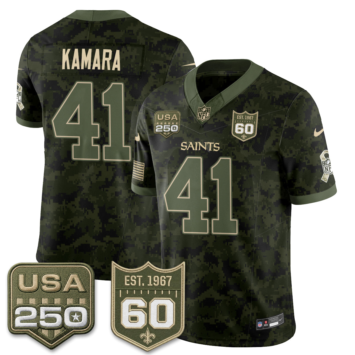Hunk Wear - New Orleans Saints Alvin Kamara 2026 Salute to Service Vapor Jersey ' All Stitched ' Camo