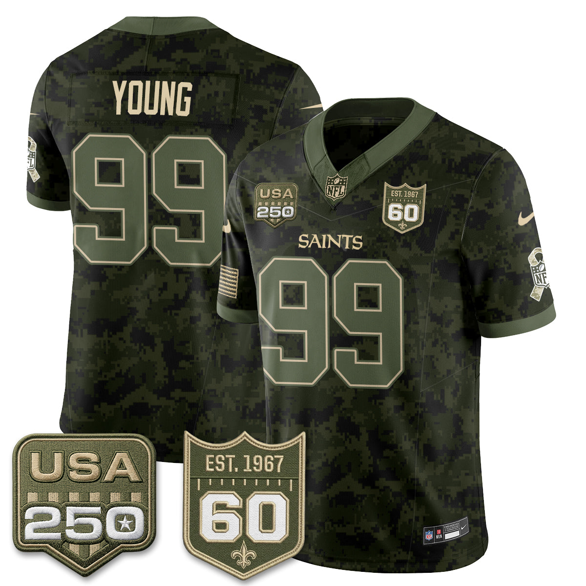 Hunk Wear - New Orleans Saints Chase Young 2026 Salute to Service Vapor Jersey ' All Stitched ' Camo