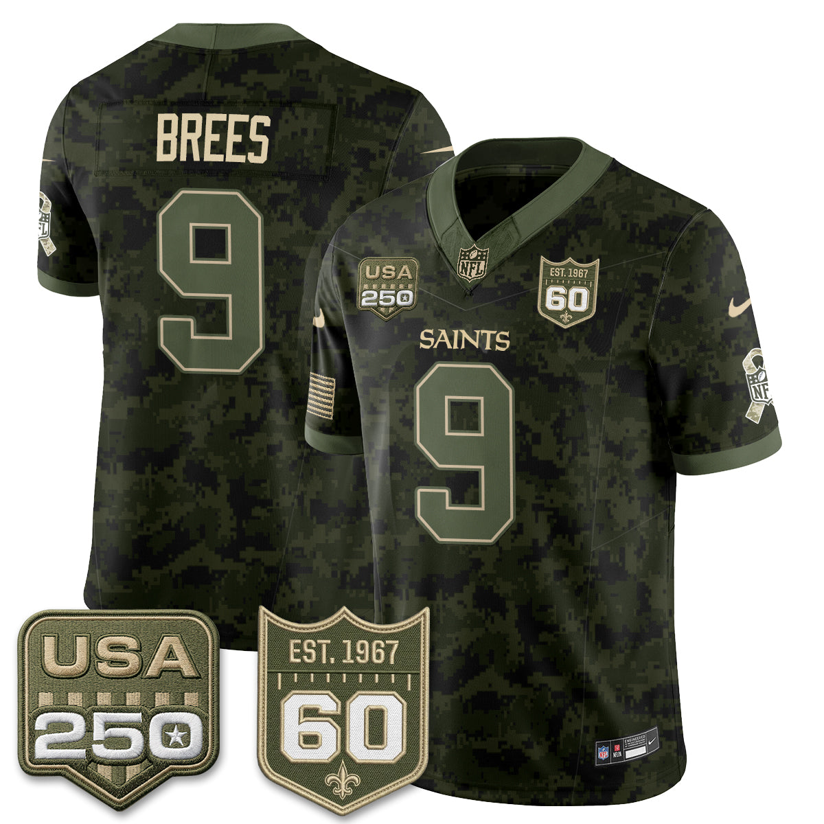 Hunk Wear - New Orleans Saints Drew Brees 2026 Salute to Service Vapor Jersey ' All Stitched ' Camo