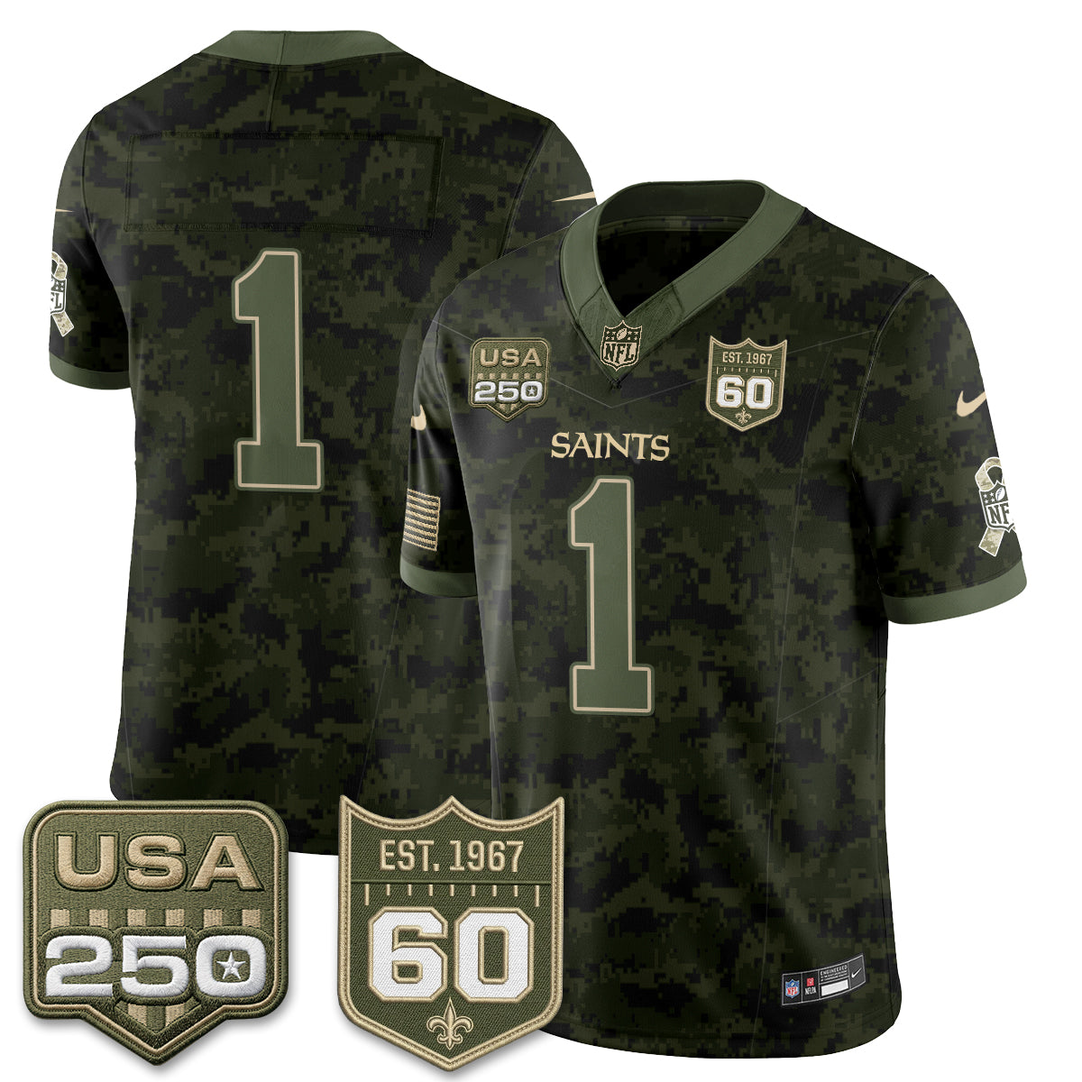 Hunk Wear - New Orleans Saints Team 2026 Salute to Service Vapor Jersey ' All Stitched ' Camo