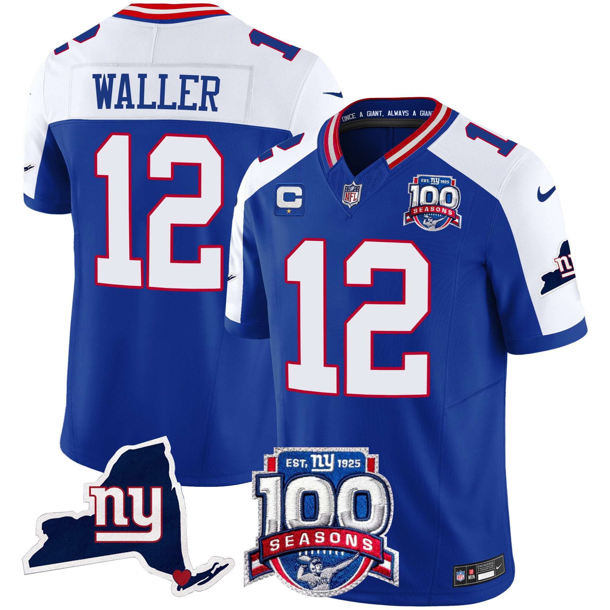 Hunk Wear - New York Giants 100th Season & State Patch Vapor Limited Jersey ' All Stitched ' Royal Alternate ' Darren Waller Jersey