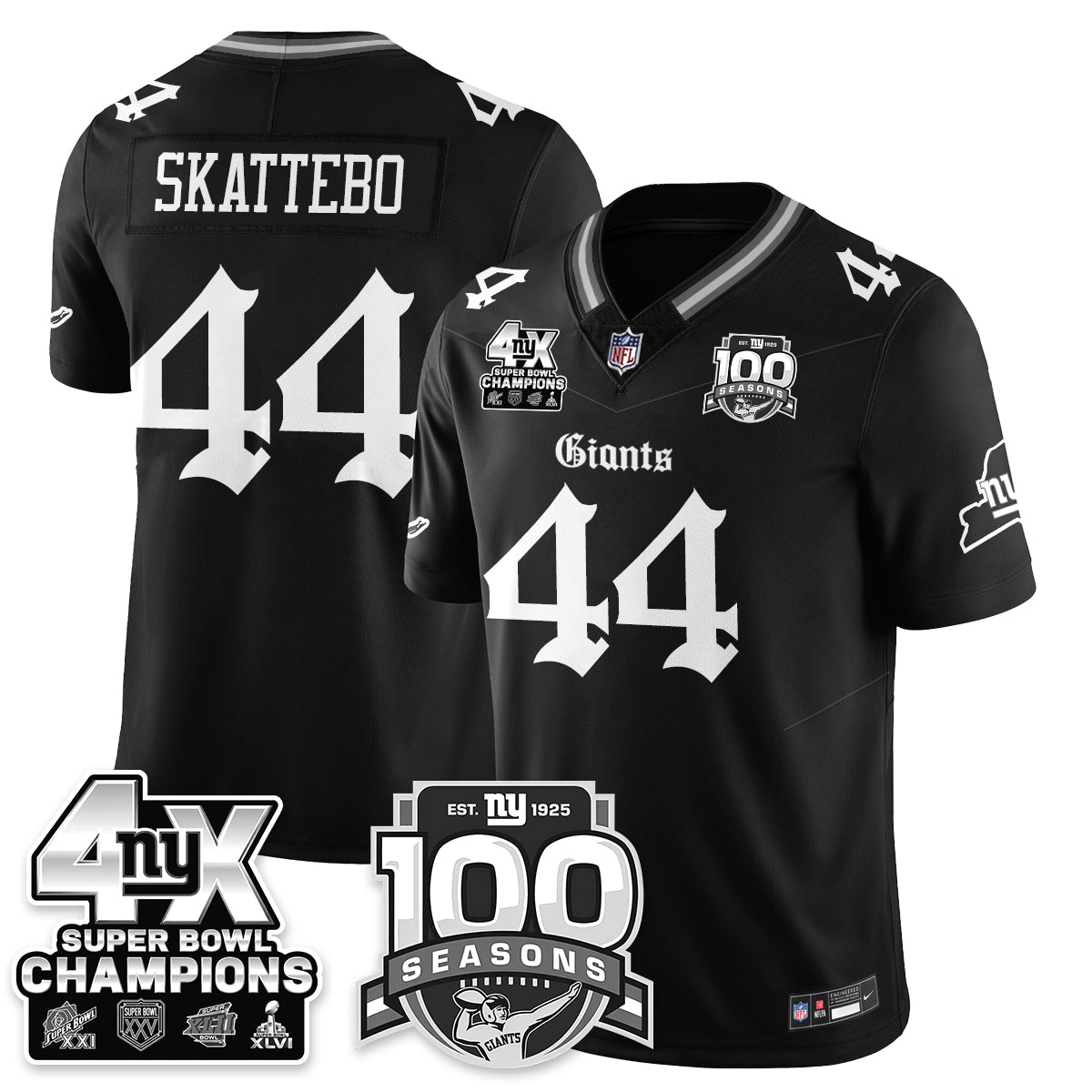 Hunk Wear - New York Giants 4-Time Champions Gothic Vapor Limited Jersey ' 100th Seasons ' All Stitched ' Black ' Cam Skattebo Jersey