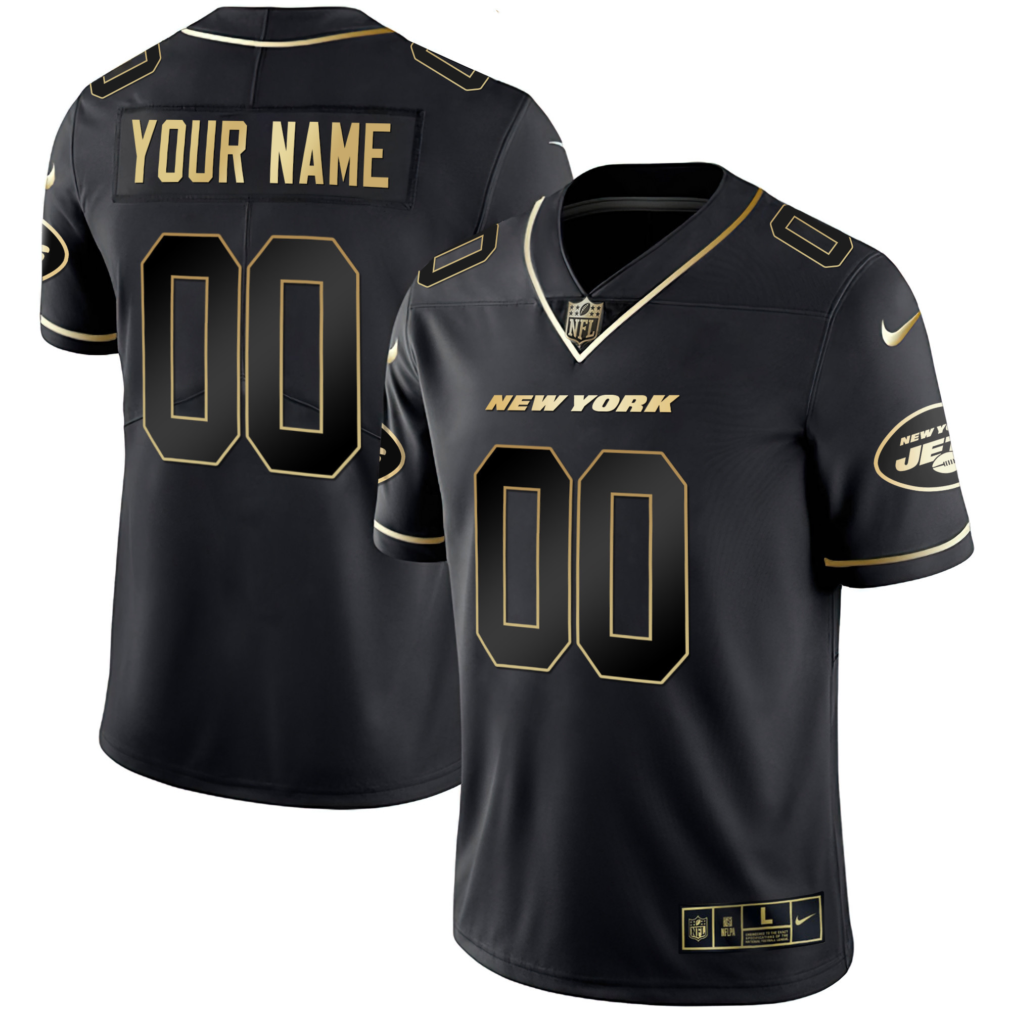 Hunk Wear - New York Jets Black Gold Custom Name and Number Jersey