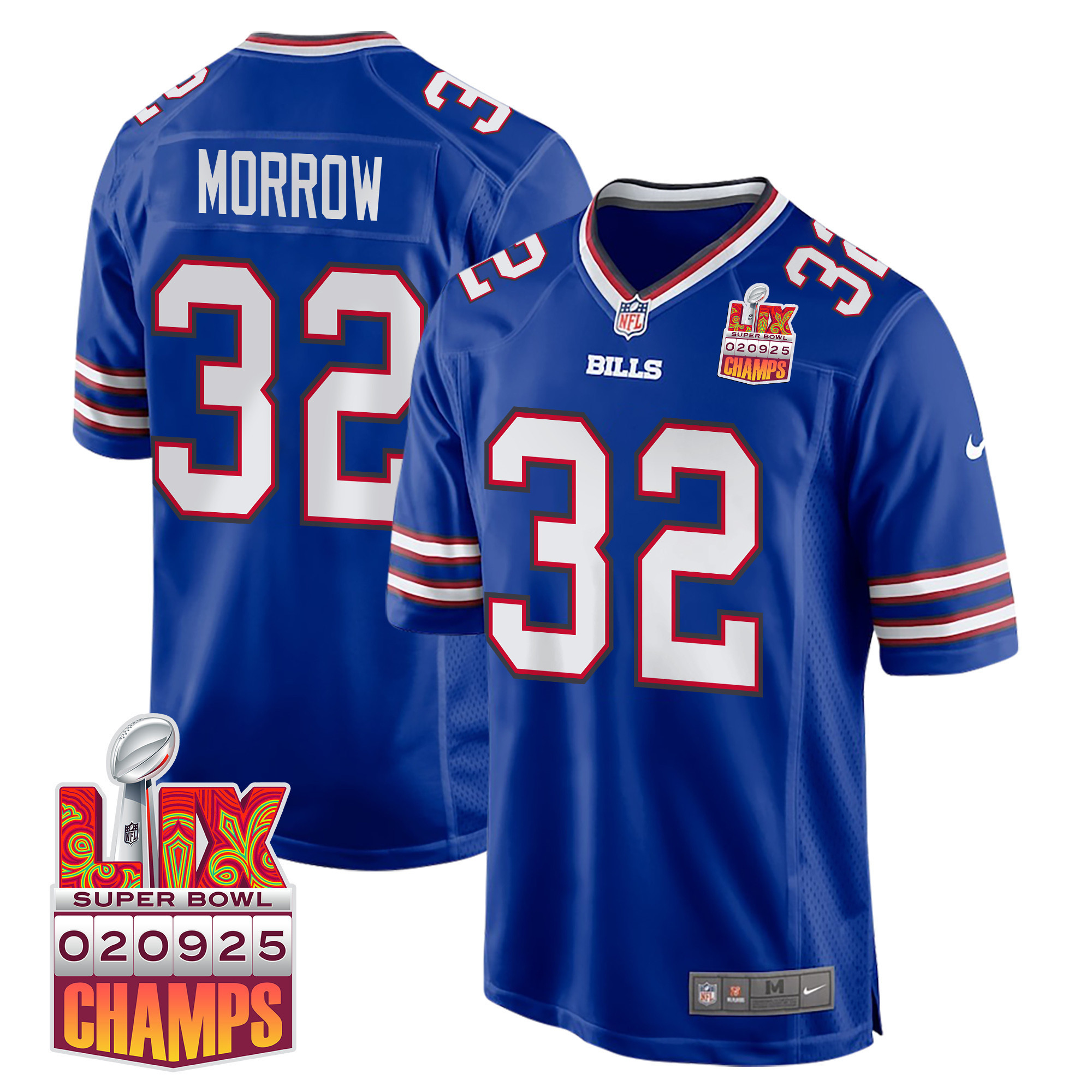Hunk Wear - Nicholas Morrow 32 Buffalo Bills Super Bowl LIX Champions Patch Game Men Jersey ' Royal