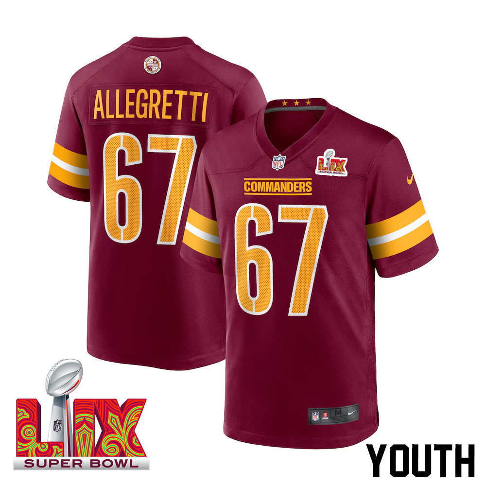 Hunk Wear - Nick Allegretti #67 Washington Commanders Super Bowl LIX Youth Jersey ' Burgundy