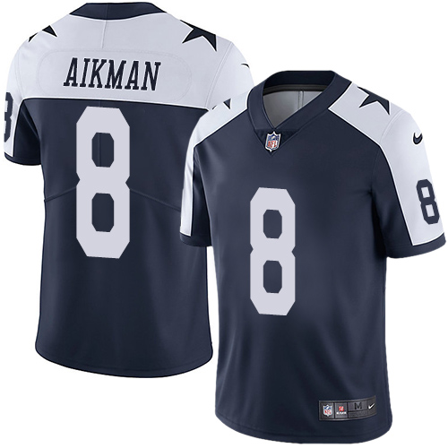 Hunk Wear - Nike Dallas Cowboys #8 Troy Aikman Navy Blue Thanksgiving Men's Stitched NFL Vapor Untouchable Limited Throwback Jersey