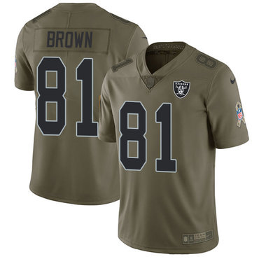 Hunk Wear - Nike Oakland Raiders #81 Tim Brown Olive Men's Stitched NFL Limited 2017 Salute To Service Jersey