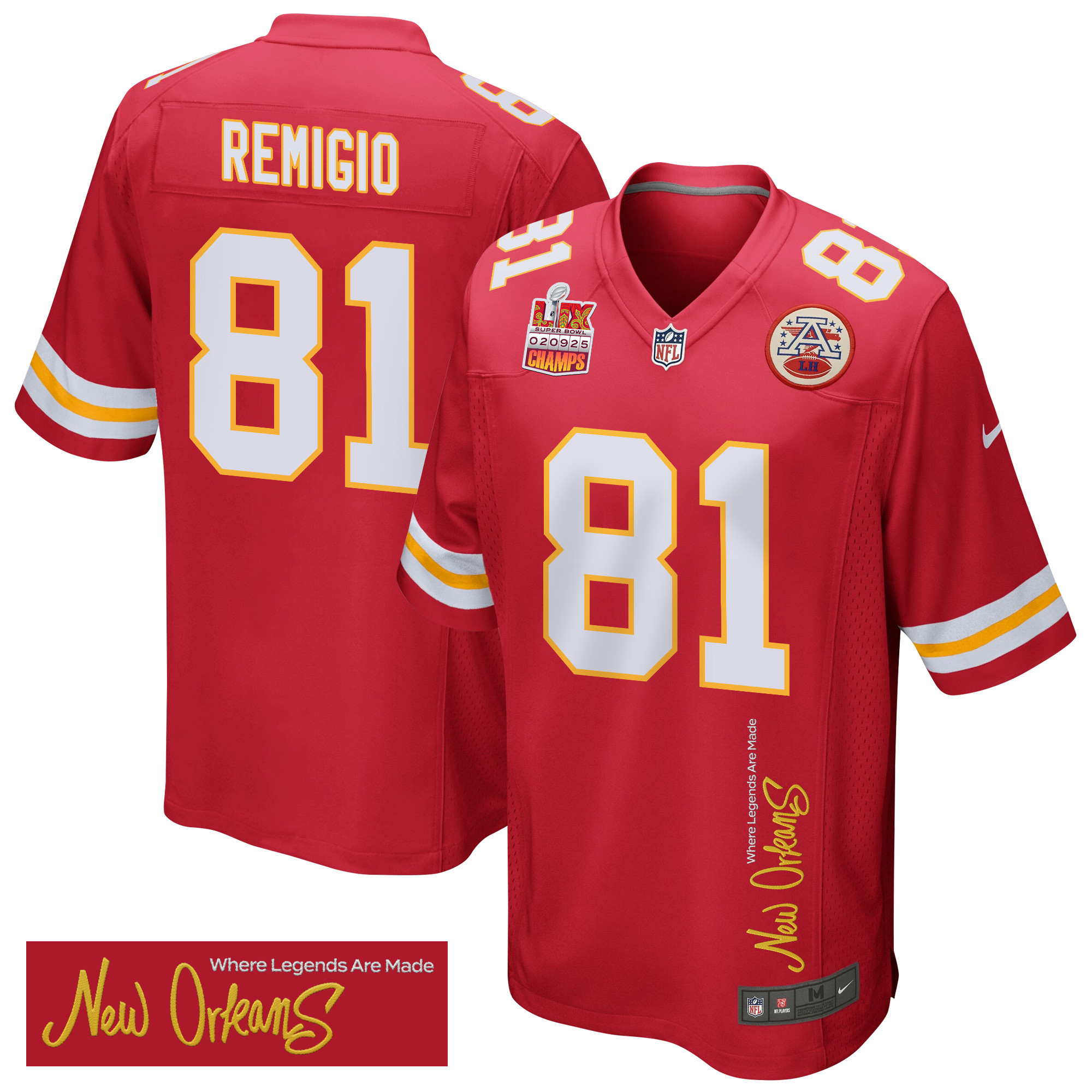 Hunk Wear - Nikko Remigio 81 Kansas City Chiefs Super Bowl LIX Champions Patch 'New Orleans ' Where Legends Are Made' EMBROIDERED Game Men Jersey ' Red