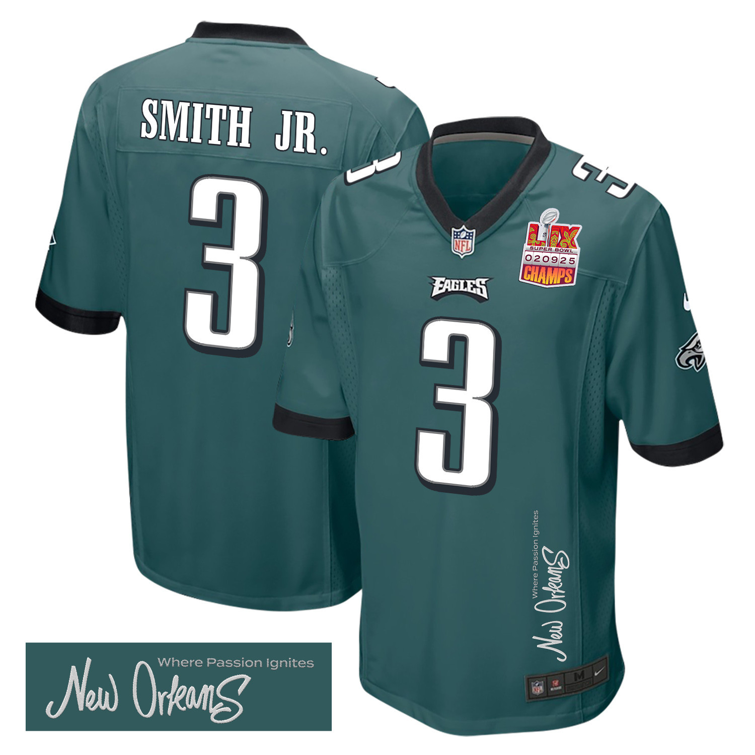 Hunk Wear - Nolan Smith Jr. 3 Philadelphia Eagles Super Bowl LIX Champions Patch 'New Orleans ' Where Passion Ignites' EMBROIDERED Game Men Jersey ' Midnight Green