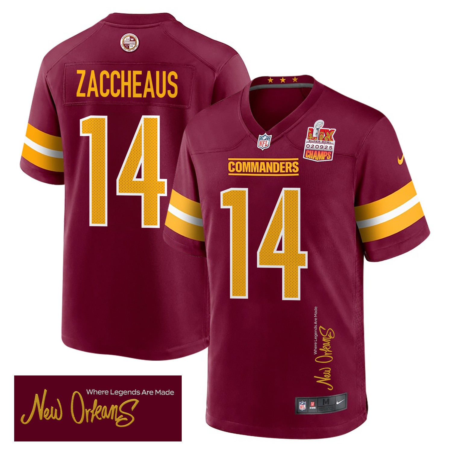 Hunk Wear - Olamide Zaccheaus 14 Washington Commanders Super Bowl LIX Champions Patch 'New Orleans ' Where Legends Are Made' EMBROIDERED Game Men Jersey ' Burgundy