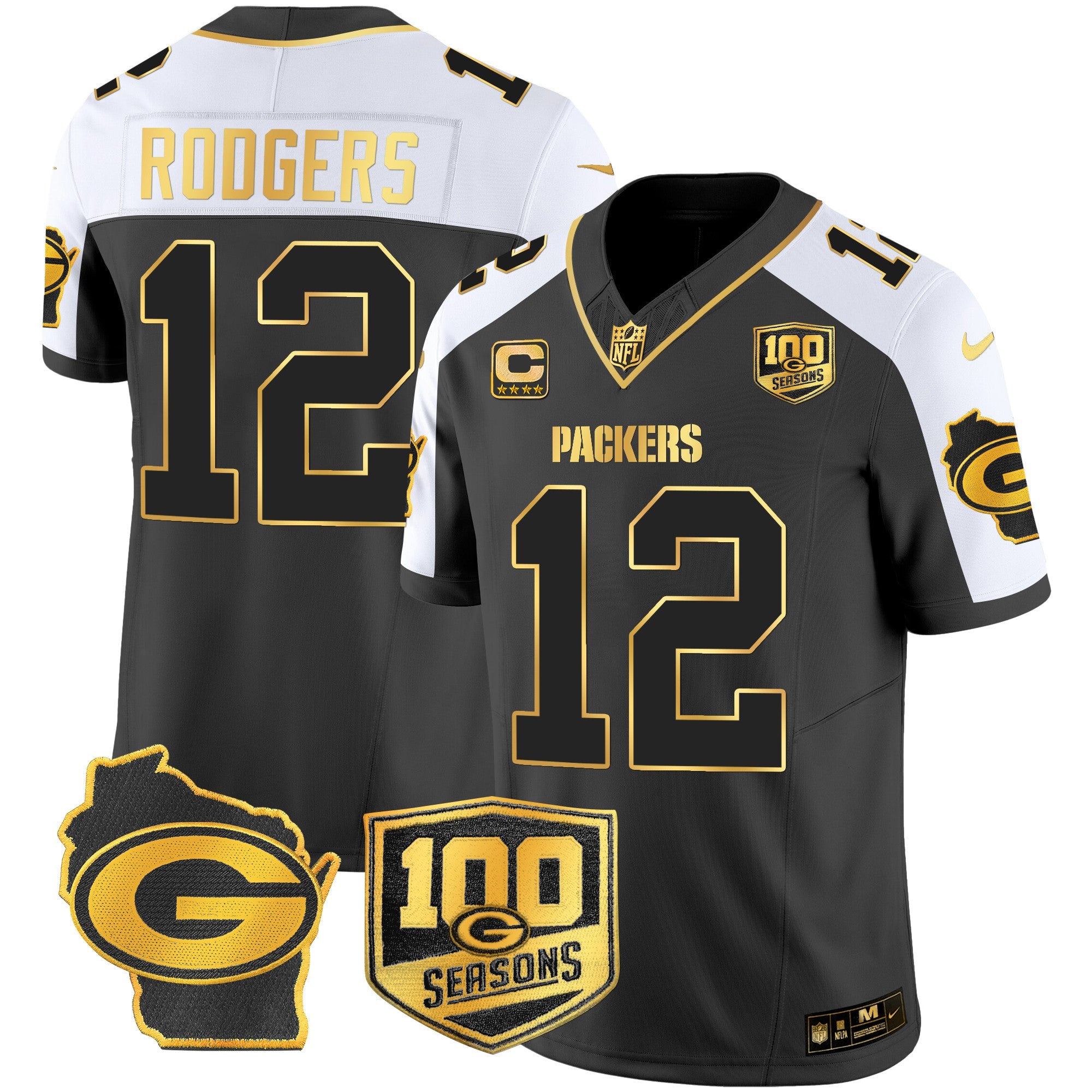 Hunk Wear - Packers 100th Season & Home Patch Gold Vapor Limited Jersey All Stitched – Alternate – Aaron Rodgers Jersey
