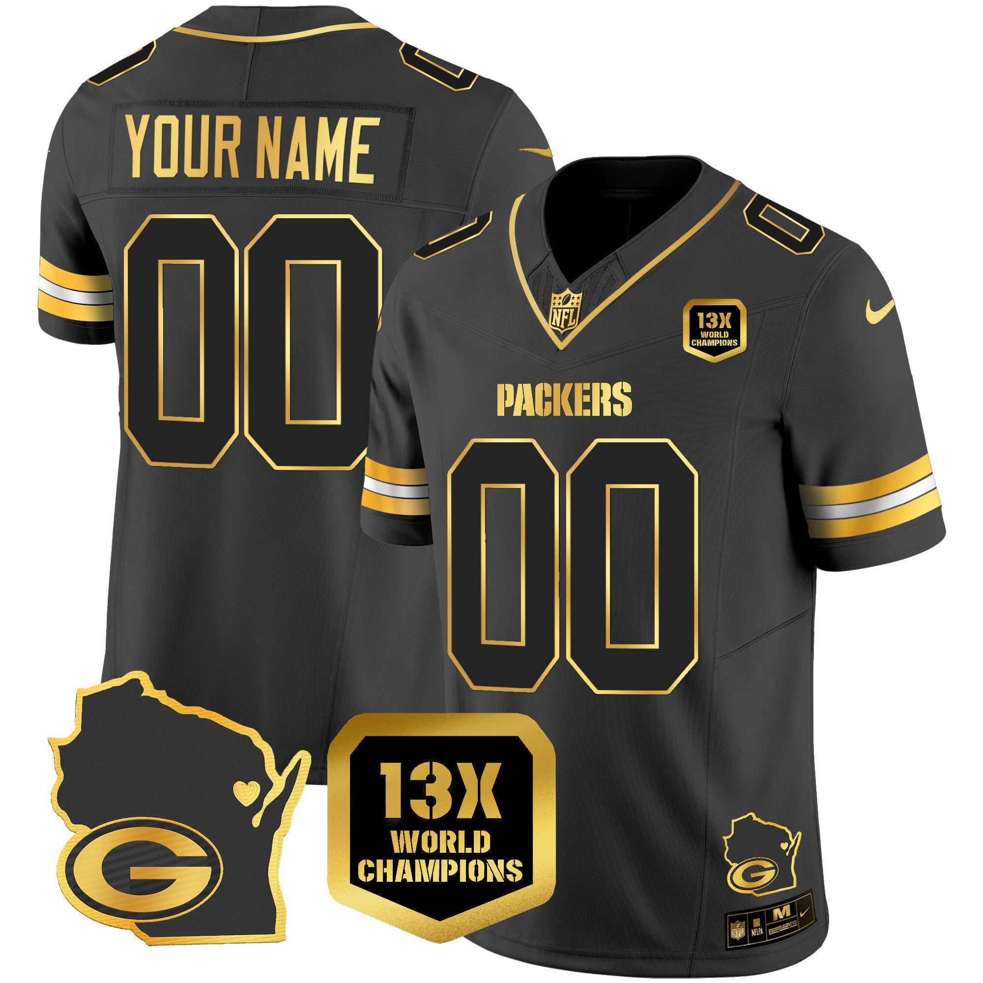 Hunk Wear - Packers 13 Time World Champions & Home Patch Gold Vapor Jersey V2 â€“ All Stitched â€“ Black Gold Jersey