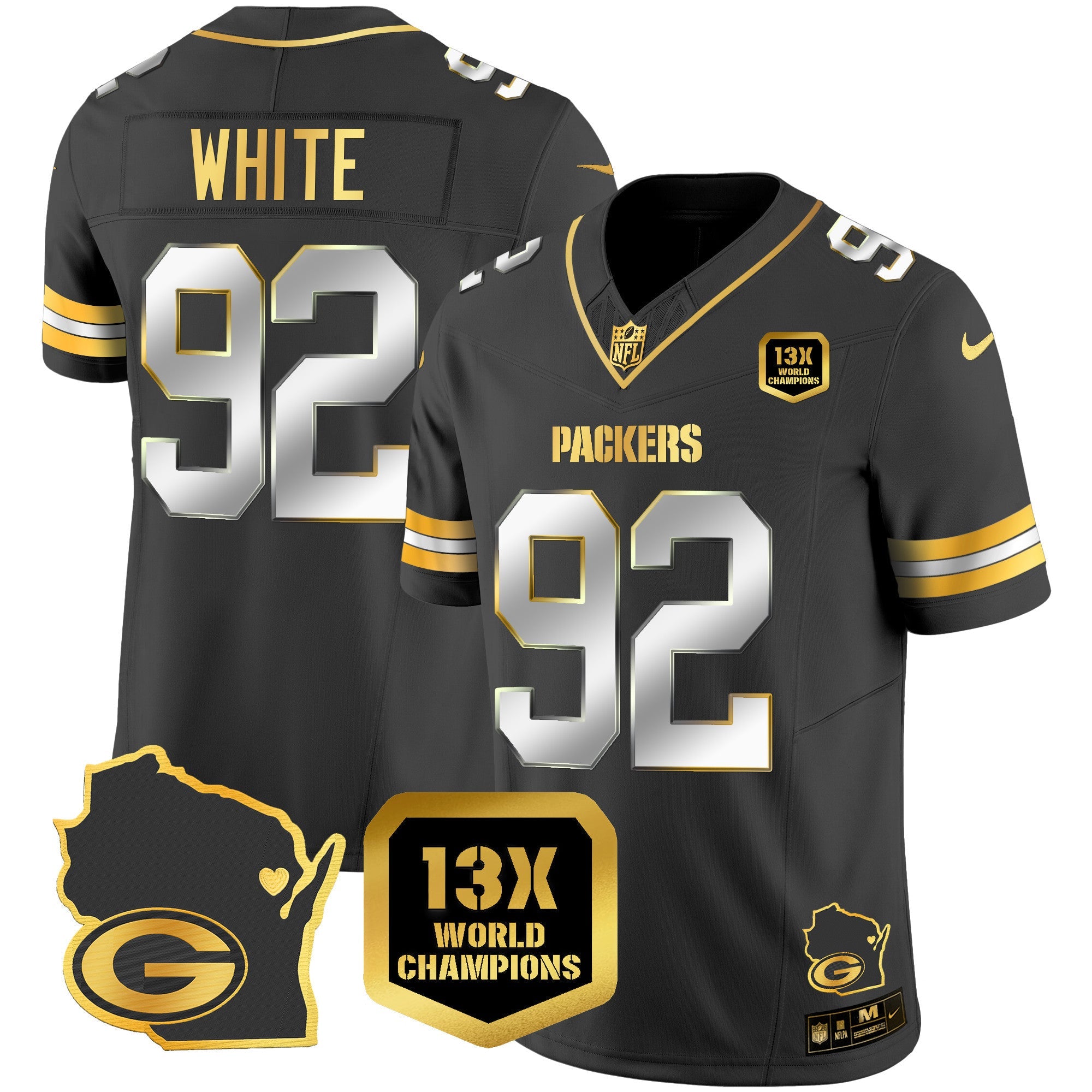 Hunk Wear - Packers 13 Time World Champions & Home Patch Gold Vapor Jersey V2 ' All Stitched ' Black Limited ' Reggie White Jersey