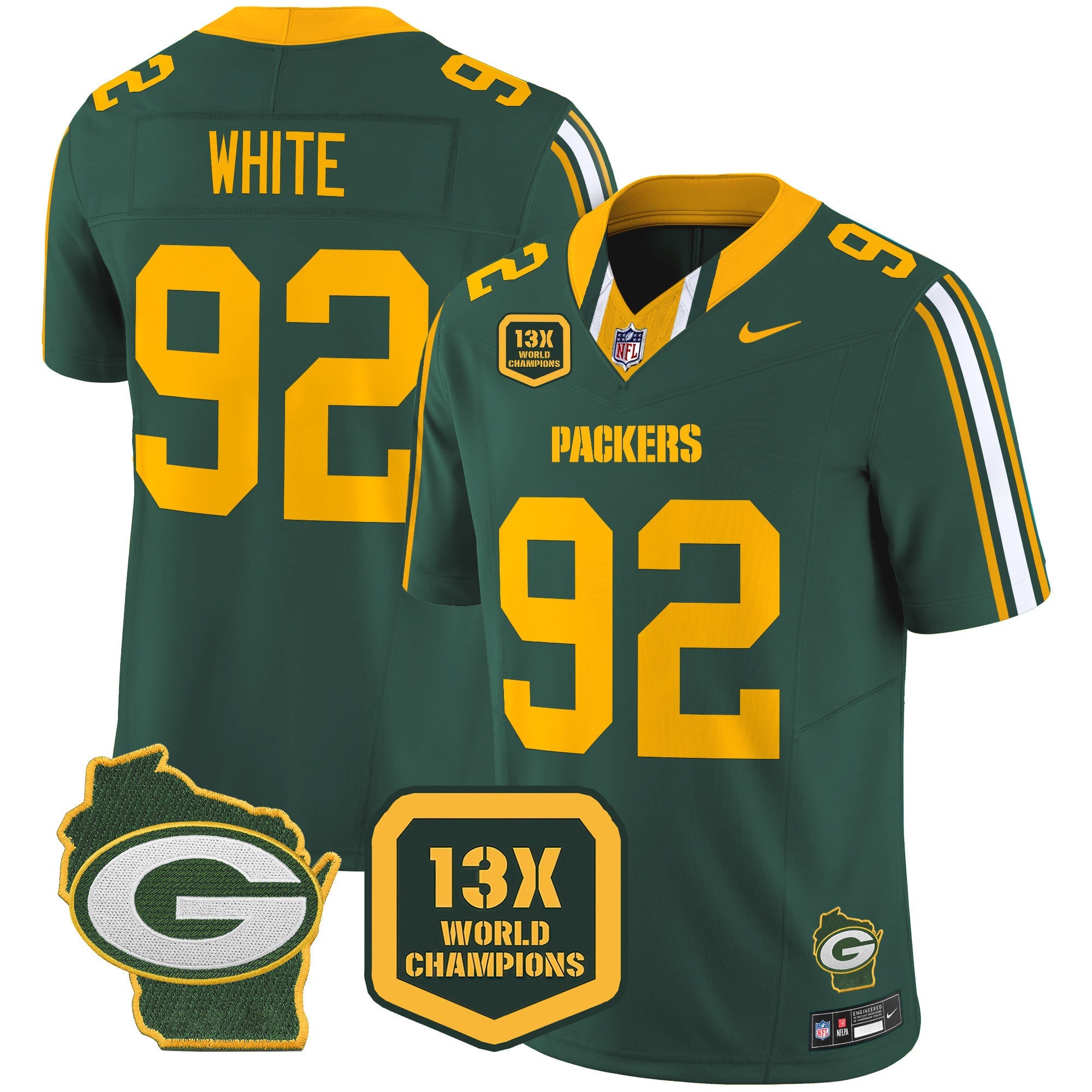 Hunk Wear - Packers 13 Time World Champions & Home Patch Vapor Limited Jersey ' All Stitched ' Green ' Reggie White Jersey