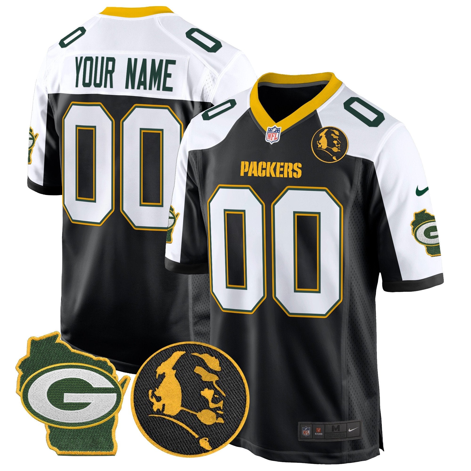 Hunk Wear - Packers John Madden & Home Patch Game Custom Jersey – All Stitched – Black Alternate Jersey