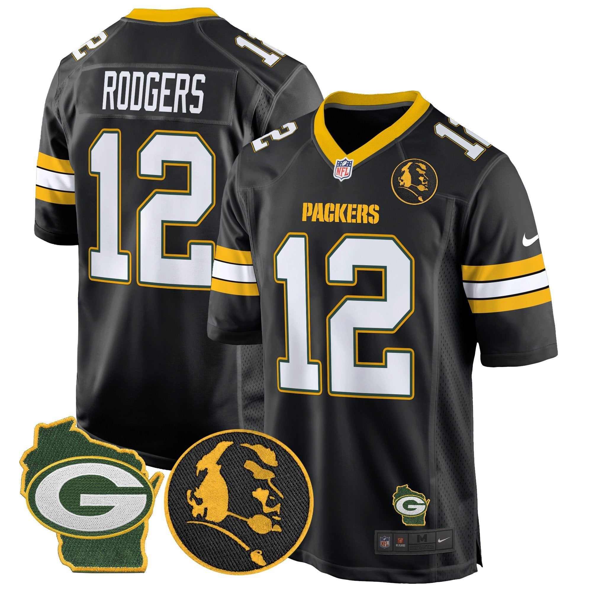 Hunk Wear - Packers John Madden & Home Patch Game Jersey – All Stitched – Black – Aaron Rodgers Jersey