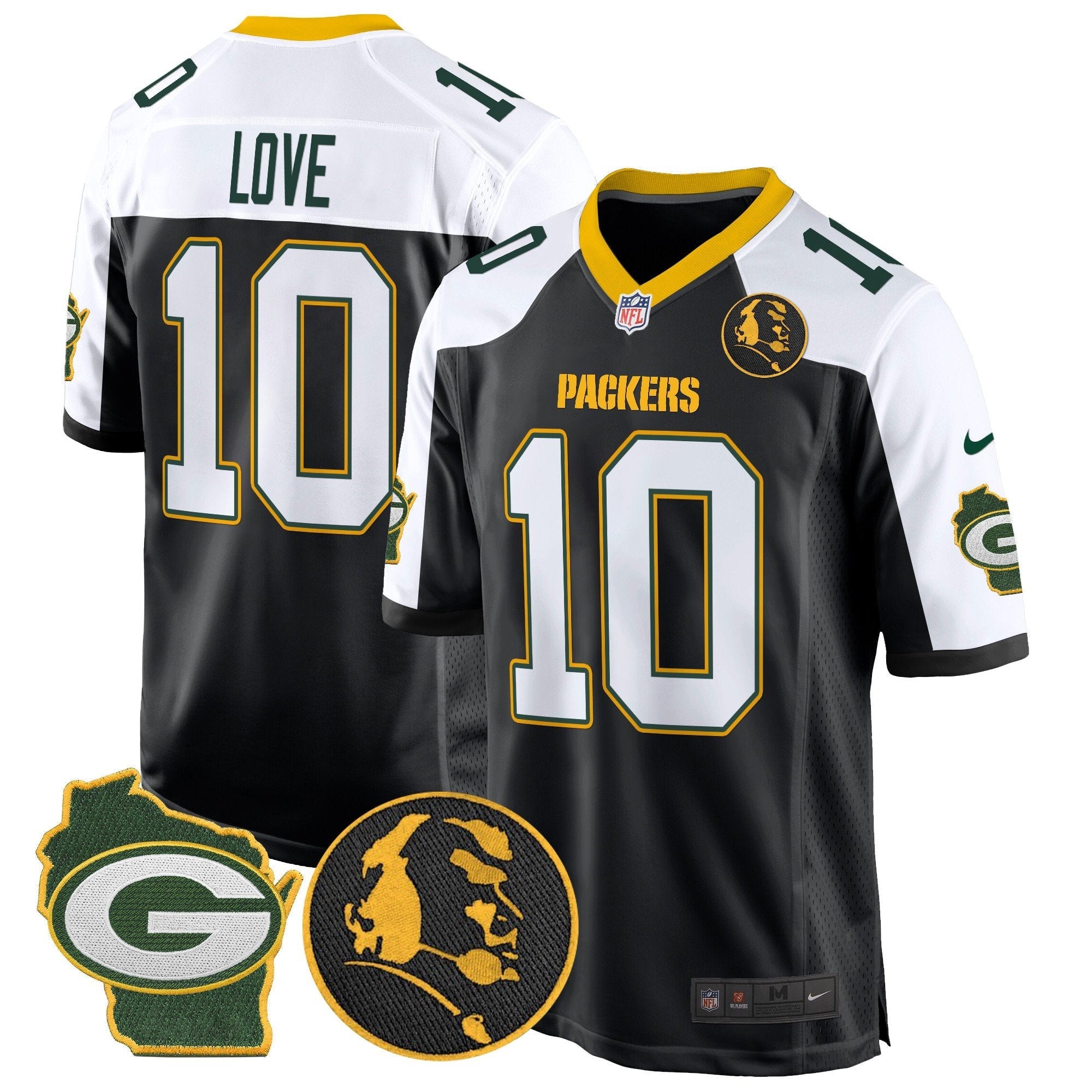 Hunk Wear - Packers John Madden & Home Patch Game Jersey – All Stitched – Black Alternate – Jordan Love Jersey
