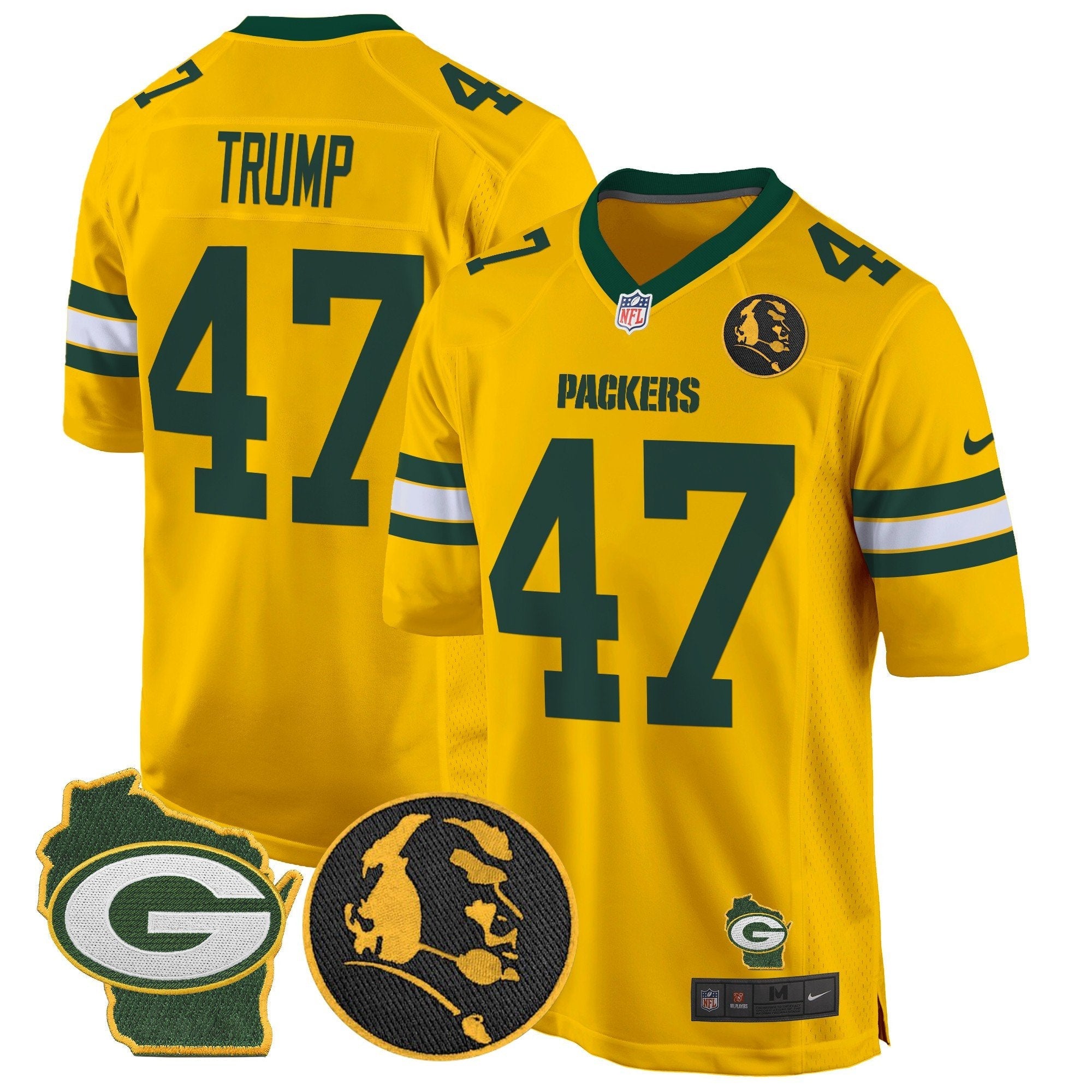 Hunk Wear - Packers John Madden & Home Patch Game Jersey – All Stitched – Gold – Donald Trump Jersey