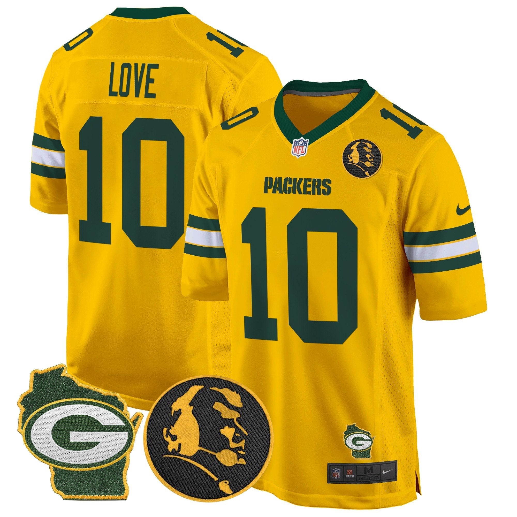 Hunk Wear - Packers John Madden & Home Patch Game Jersey – All Stitched – Gold – Jordan Love Jersey