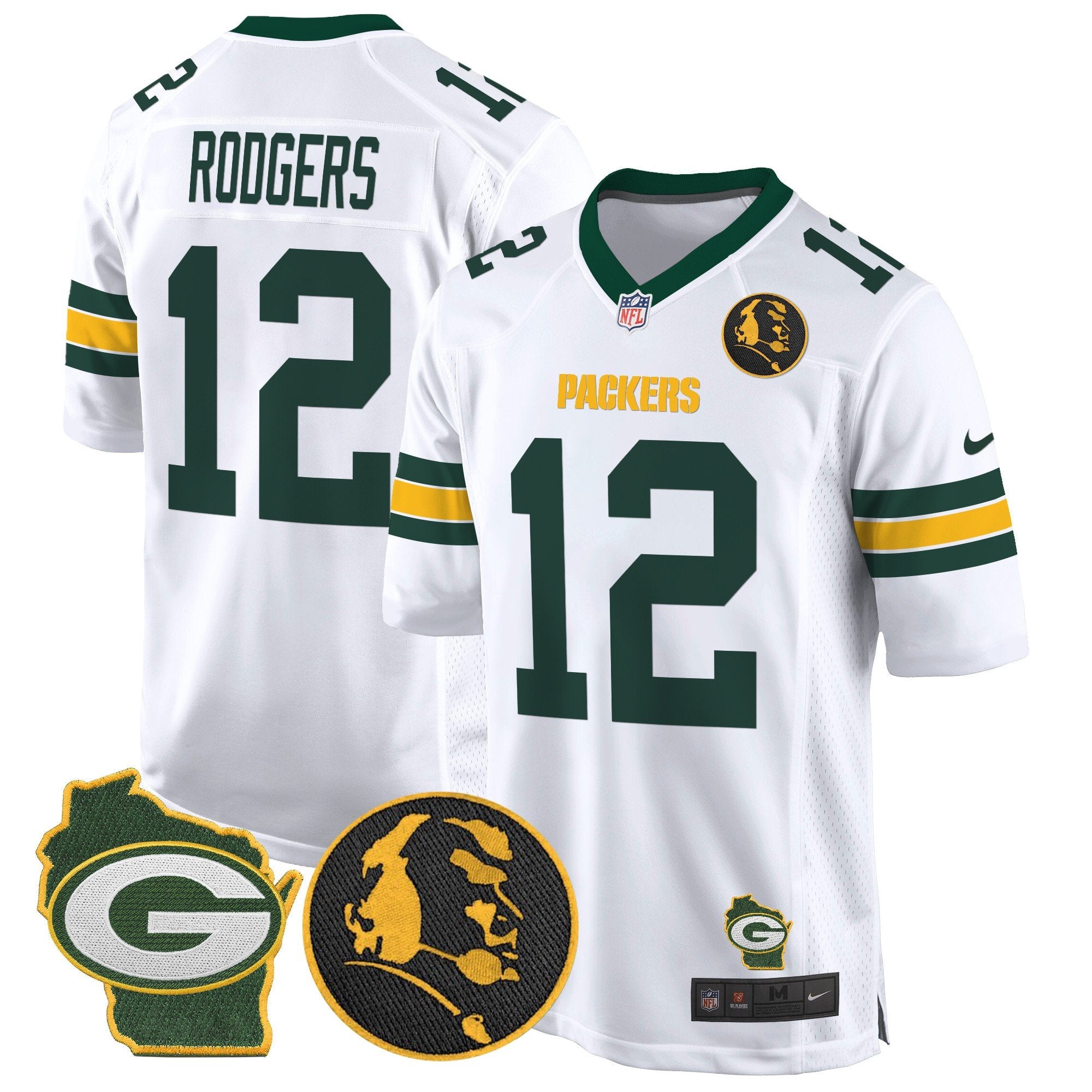 Hunk Wear - Packers John Madden & Home Patch Game Jersey – All Stitched – White – Aaron Rodgers Jersey