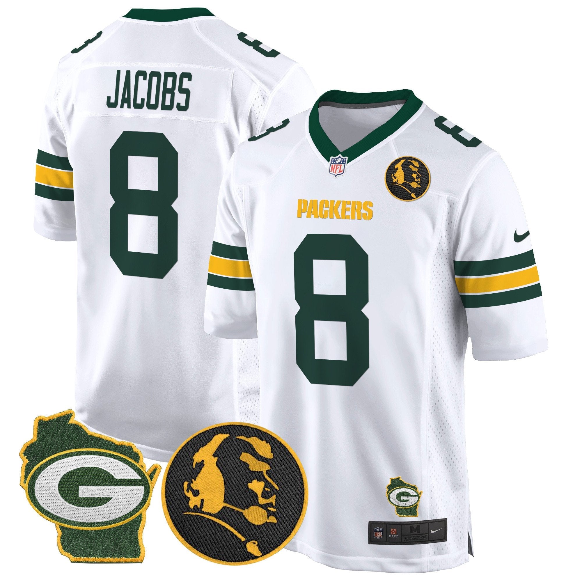 Hunk Wear - Packers John Madden & Home Patch Game Jersey – All Stitched – White – Josh Jacobs Jersey