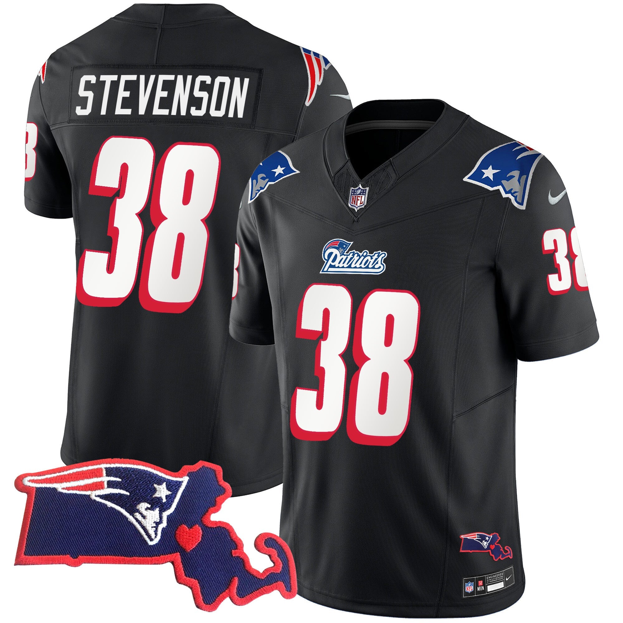 Hunk Wear - Patriots 1996 Throwback State Patch Vapor Jersey – All Stitched – Black – Rhamondre Stevenson Jersey