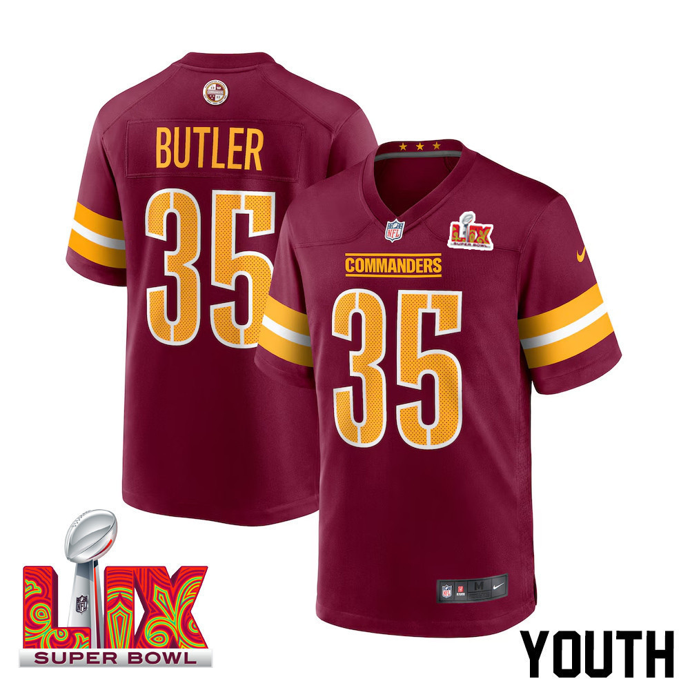Hunk Wear - Percy Butler #35 Washington Commanders Super Bowl LIX Youth Jersey ' Burgundy
