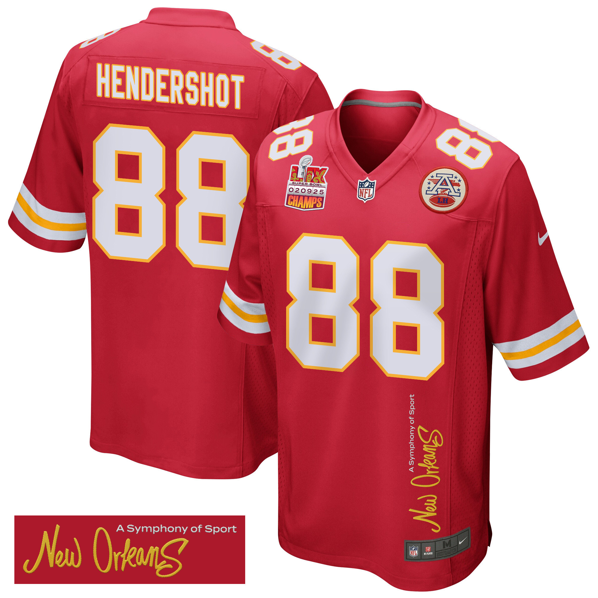 Hunk Wear - Peyton Hendershot 88 Kansas City Chiefs Super Bowl LIX Champions Patch 'New Orleans ' A Symphony of Sport' EMBROIDERED Game Men Jersey ' Red