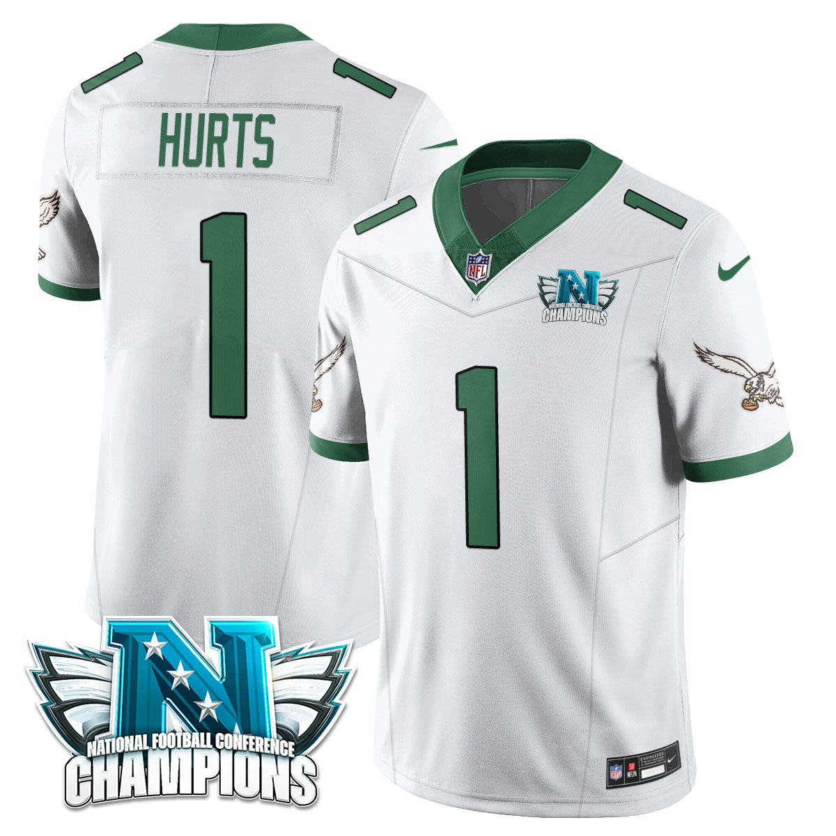 Hunk Wear - Philadelphia Eagles 2024 NFC Champion Player Jersey â€“ All Stitched â€“ Kelly White â€“ Jalen Hurts Jersey