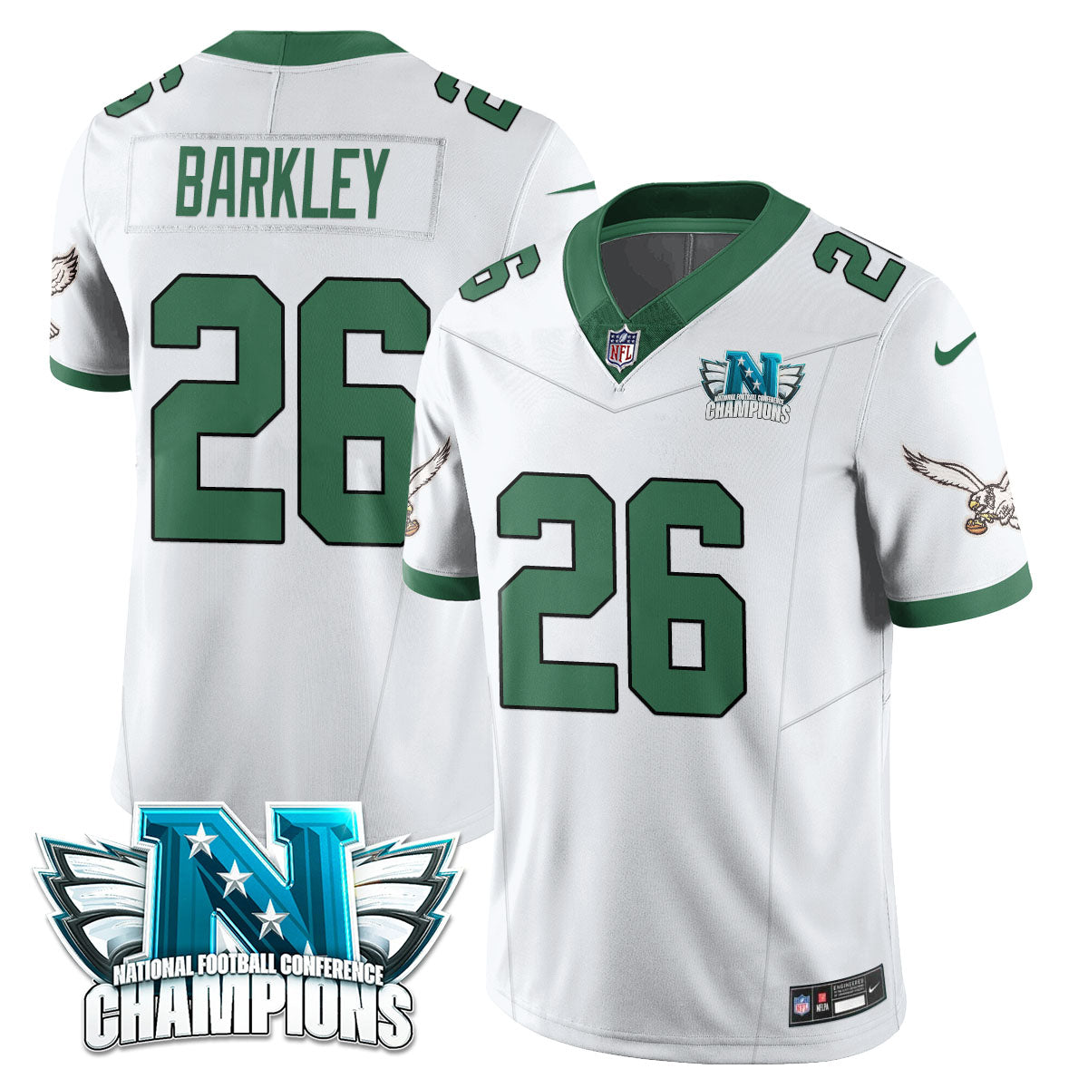 Hunk Wear - Philadelphia Eagles 2024 NFC Champion Player Jersey â€“ All Stitched â€“ Kelly White â€“ Saquon Barkley Jersey