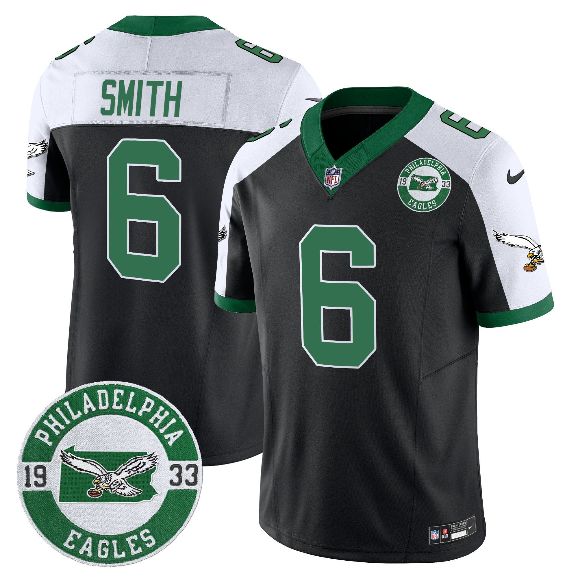 Hunk Wear - Philadelphia Eagles 2024 Throwback Vapor Limited Jersey – Est. 1933 Patch – All Stitched – Black Alternate – DeVonta Smith Jersey