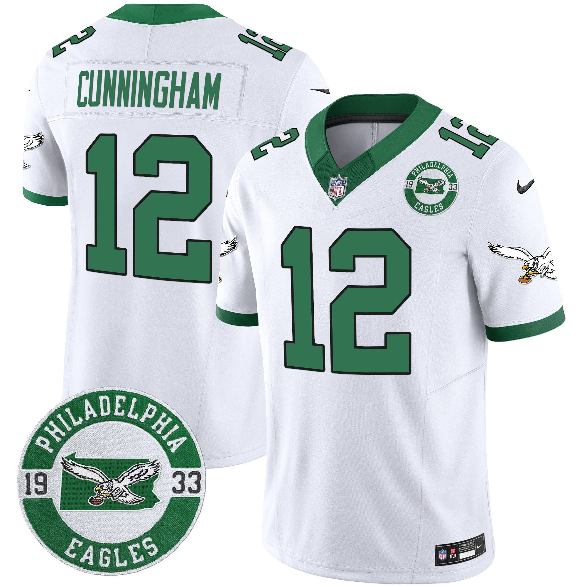 Hunk Wear - Philadelphia Eagles 2024 Throwback Vapor Limited Jersey ' Est. 1933 Patch ' All Stitched ' Kelly White ' Randall Cunningham Jersey